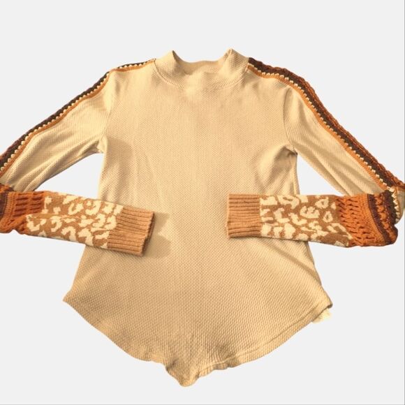 Free people in the mix pink‎ thermal knit and crochet top size small boho - Picture 1 of 9